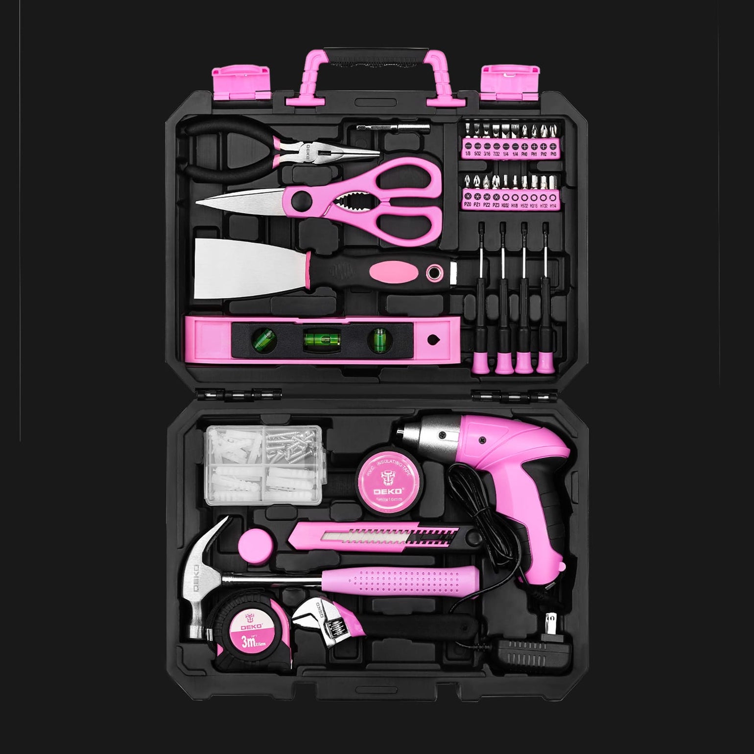 Kit de herramientas de mano rosa para mujer con destornillador de 3.6 V, 98 piezas